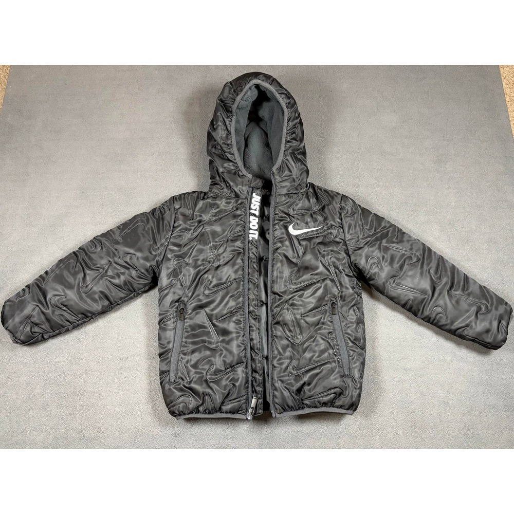 Nike Puffer Jacket Boys Size 7 Large Black Embossed Swoosh Hooded Full Zip